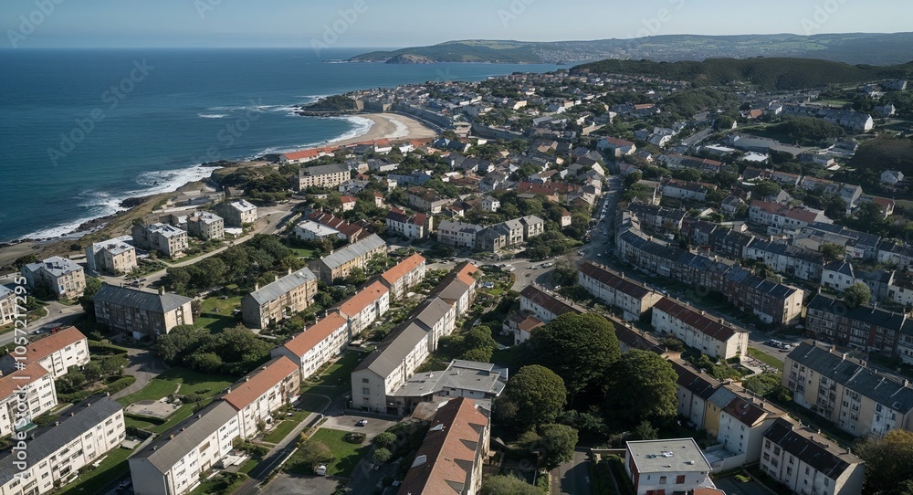 Overhead of coastal town with dense residential buildings Overhead of coastal town with dense residential buildings