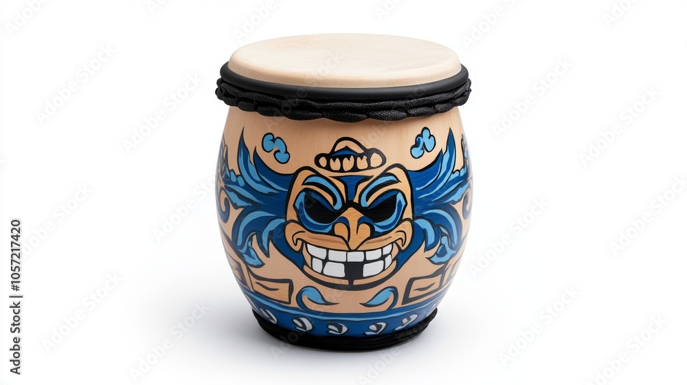 Hand Painted Wooden Drum With Blue And Yellow Tribal Design Hand Painted Wooden Drum With Blue And Yellow Tribal Design