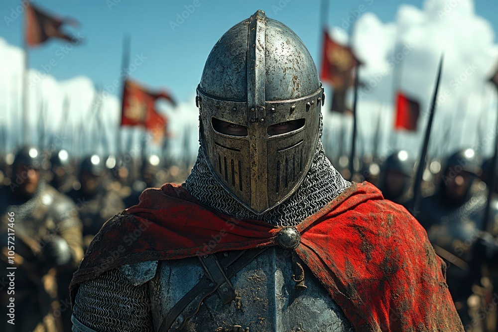 A Medieval Knight in Full Armor with a Red Cloak A Medieval Knight in Full Armor with a Red Cloak