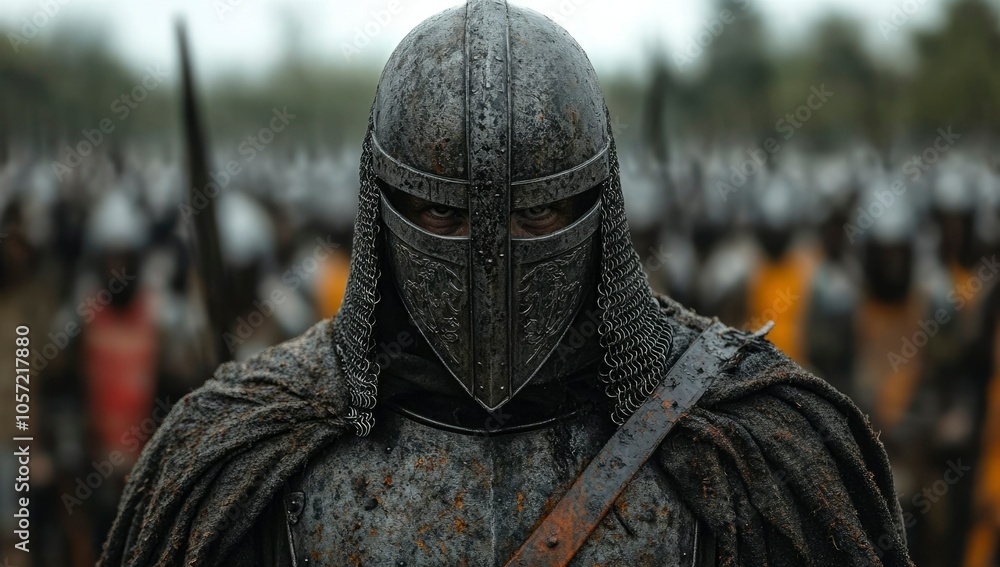 A Medieval Knight in Full Armor, Gaze Fixed, Army in Background A Medieval Knight in Full Armor, Gaze Fixed, Army in Background