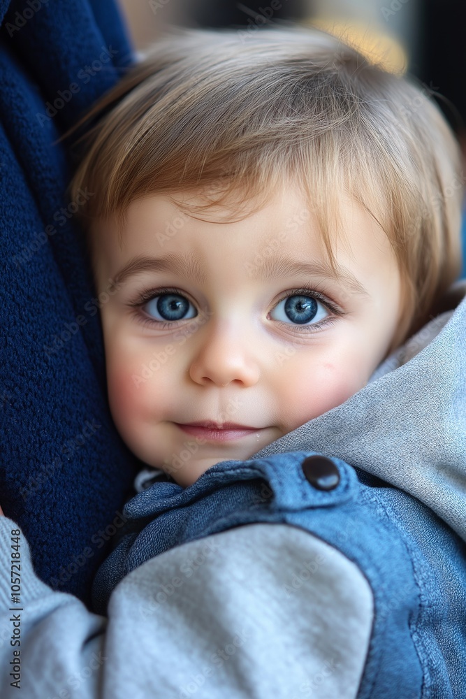 A cute baby with expressive blue eyes looks directly at the camera, ensconced in warm clothing. A cute baby with expressive blue eyes looks directly at the camera, ensconced in warm clothing.