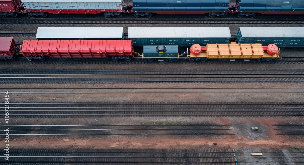 Overhead view of train yard with parked railcars Overhead view of train yard with parked railcars