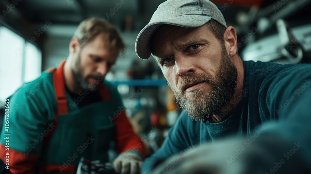 Two mechanics are focused on repairing an engine in a workshop filled with various tools and machinery, showcasing the hard work and dedication that goes into mechanical repairs. Two mechanics are focused on repairing an engine in a workshop filled with various tools and machinery, showcasing the hard work and dedication that goes into mechanical repairs.