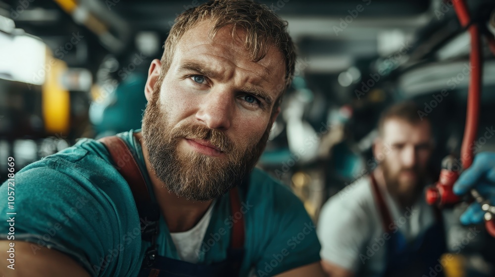 A bearded mechanic in a blue shirt is intently focused on repairing complex machinery, while his colleague works in the background, highlighting skill and concentration. A bearded mechanic in a blue shirt is intently focused on repairing complex machinery, while his colleague works in the background, highlighting skill and concentration.