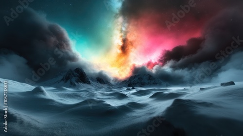 A dramatic blend of vibrant aurora colors illuminates the night's clouds over a rugged snowy landscape, creating a scene of mystery and the unknown.