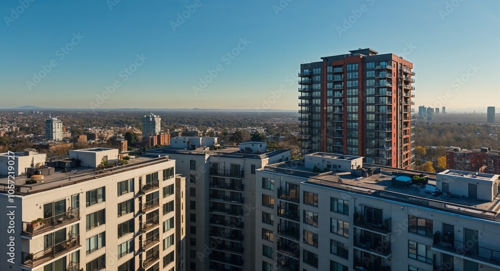 Rooftop view of high rise apartments with terraces Rooftop view of high rise apartments with terraces