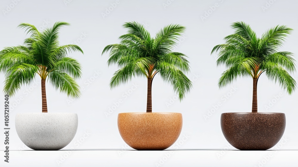 Fototapeta premium Three Palm Trees in Decorative Pots with White Background