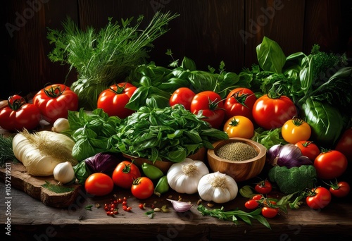 vibrant arrangement fresh ingredients laid out rich textured wooden surface rustic culinary presentation, colors, herbs, spices, vegetables, fruits, organic