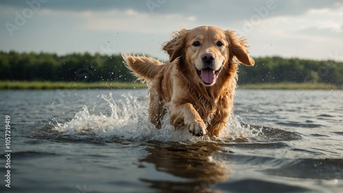 A joyful golden retriever splashes through water, embodying playfulness and freedom.