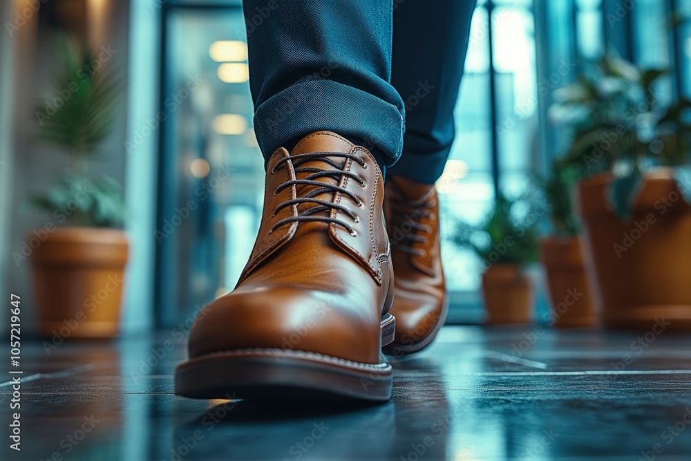 Close-up of a Brown Leather Oxford Shoe Worn by a Man in Blue Jeans Close-up of a Brown Leather Oxford Shoe Worn by a Man in Blue Jeans