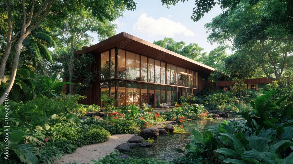Modern ecofriendly building with large glass windows, lush greenery, and tranquil pond Modern ecofriendly building with large glass windows, lush greenery, and tranquil pond