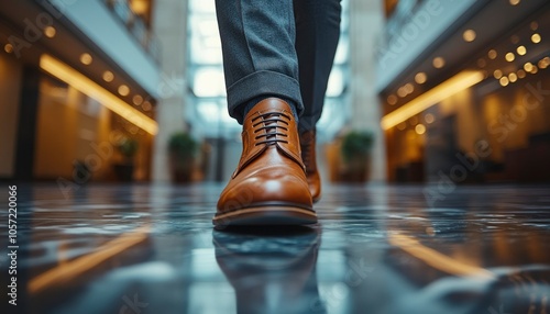 Close-up of a Man's Brown Leather Shoe on a Polished Floor