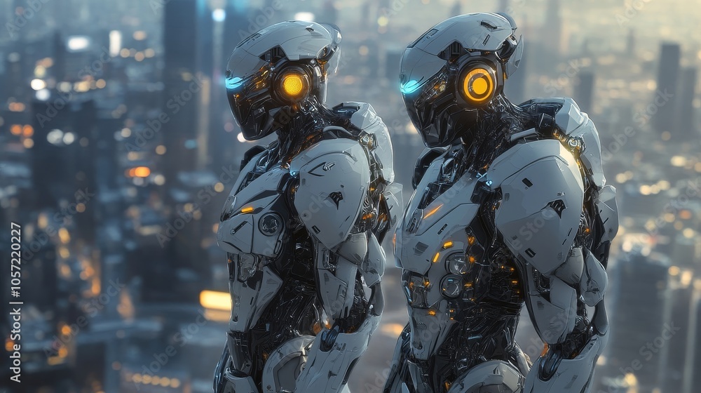 Futuristic Humanoid Robots in Advanced Tech Armor Amid Urban Landscape Futuristic Humanoid Robots in Advanced Tech Armor Amid Urban Landscape