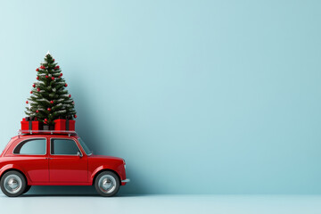 Christmas background. Little red retro toy model car with small Xmas tree and present gift boxes on light blue background. Christmas travel trip, delivery, shopping, preparing for holidays