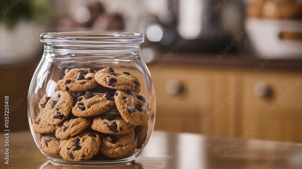 Jar full of chocolate chip cookies on a table Jar full of chocolate chip cookies on a table