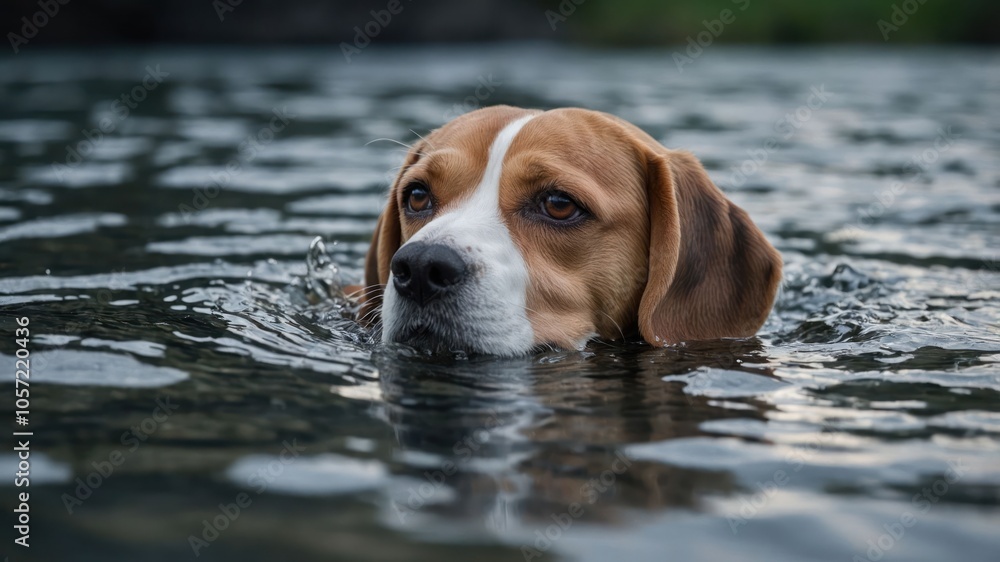 A beagle swimming in calm water, showcasing its determination and playful spirit. A beagle swimming in calm water, showcasing its determination and playful spirit.