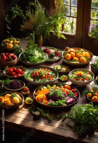 colorful display plant based dishes artfully arranged table various fresh ingredients vibrant textures, meal, spread, food, vegetable, salad, plate, cuisine