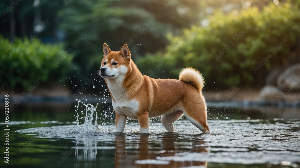 A Shiba Inu standing in water, playfully splashing around in a natural setting. A Shiba Inu standing in water, playfully splashing around in a natural setting.