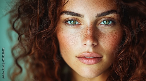 A vivid and captivating image of a woman featuring striking green eyes, curly hair, and freckles, expressed through sharp detail and vibrant lighting.