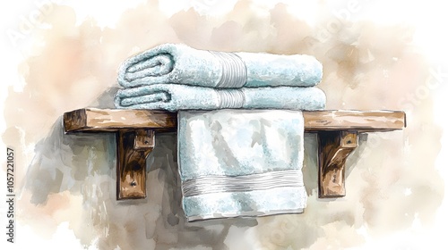 Watercolor Artistic using soft, brushy watercolor strokes, Soft Color, Single object picture - a set of soft pastel towels folded neatly on a wooden shelf
