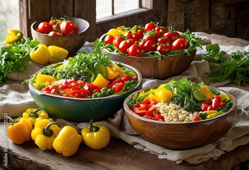 vibrant salad bowls overflowing colorful ingredients like crisp bright crunchy peppers creating eye catching display, avocados, beans, basil, carrots