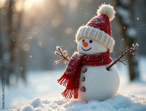 Cute smiling snowman with red scarf and hat. Snowman with a carrot nose, hat, scarf, coal buttons and stick arms standing outside on a winters day. Concept of winter, snow and childhood photo