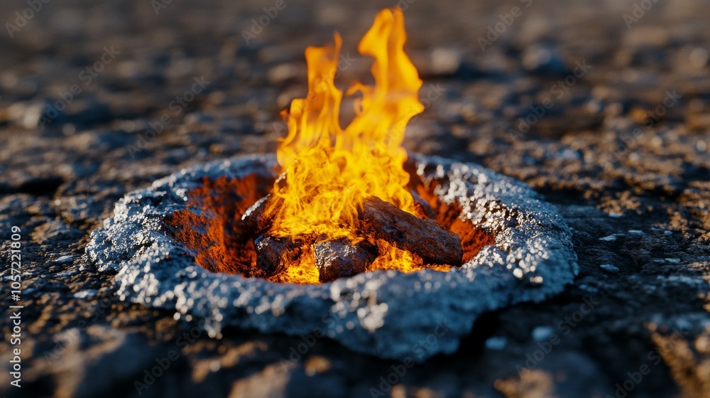 Fototapeta premium Burning Fire Pit In Stone With Flame Close up
