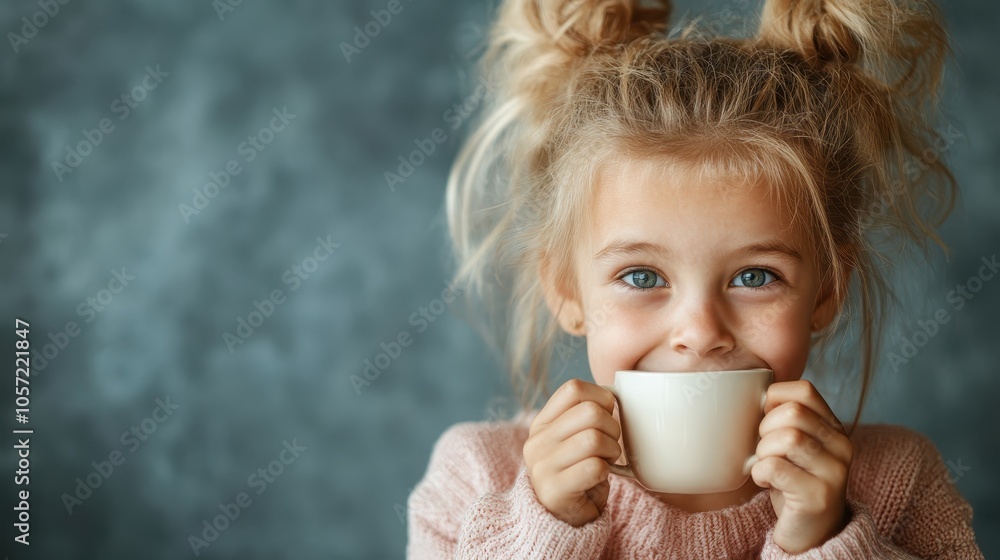 A young girl smiling brightly, with a playful hairstyle and holding a cup, creates an endearing portrait full of youthful charm and innocence. A young girl smiling brightly, with a playful hairstyle and holding a cup, creates an endearing portrait full of youthful charm and innocence.