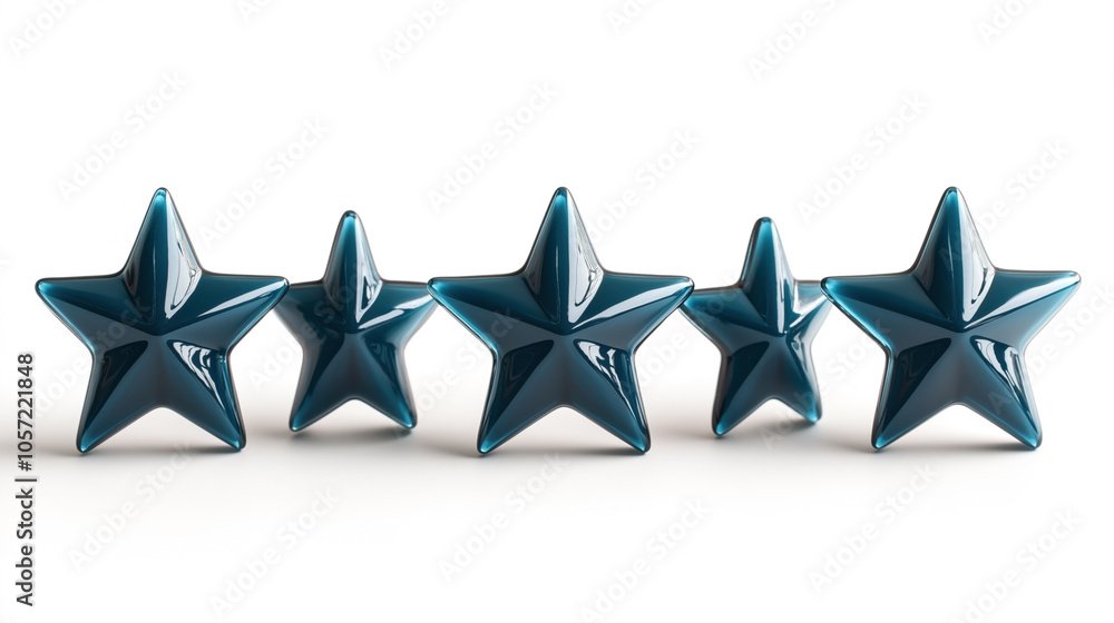 Fototapeta premium Five glossy, dark blue, three-dimensional stars arranged in a horizontal line on a reflective white surface.
