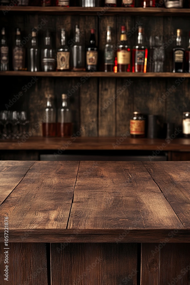 Empty wooden bar counter with pasted backdrop and restaurant bottles, background for your product. Empty wooden bar counter with pasted backdrop and restaurant bottles, background for your product.