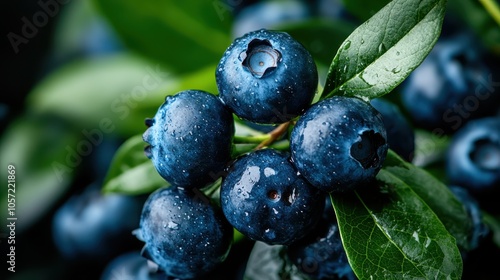 A beautiful cluster of ripe blueberries adorned with vibrant green leaves, highlighting their perfect ripeness and the lushness of nature's bounty. photo