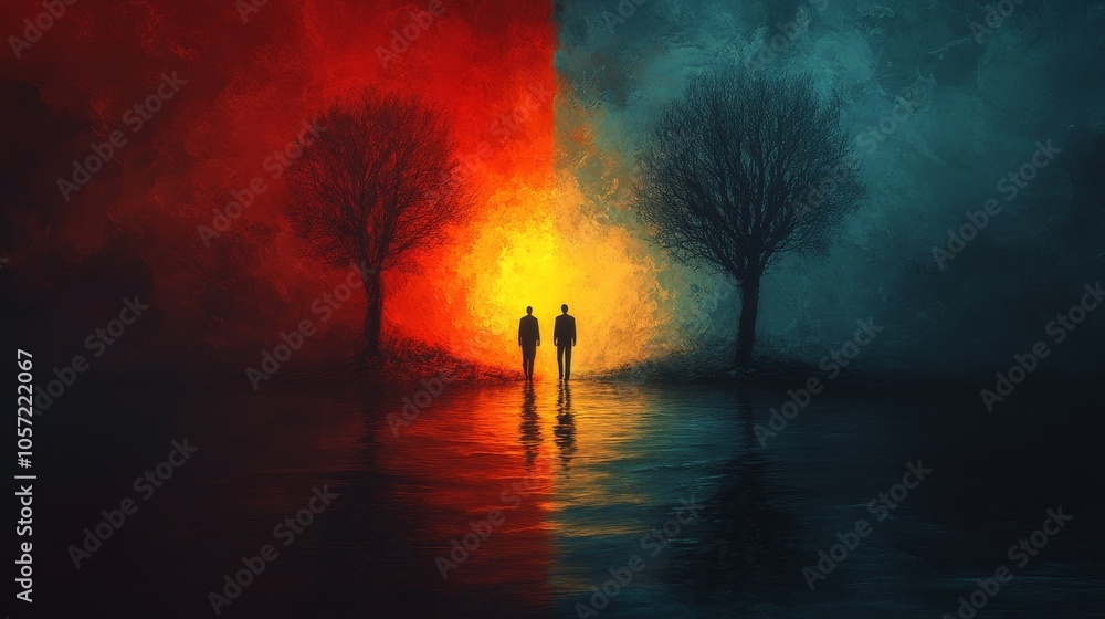 Two people walking in a forest with a red and blue sky Two people walking in a forest with a red and blue sky
