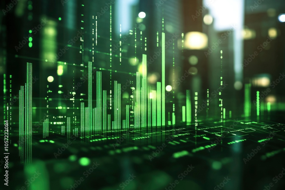 Fototapeta premium Abstract green digital data cityscape with glowing bars and bokeh