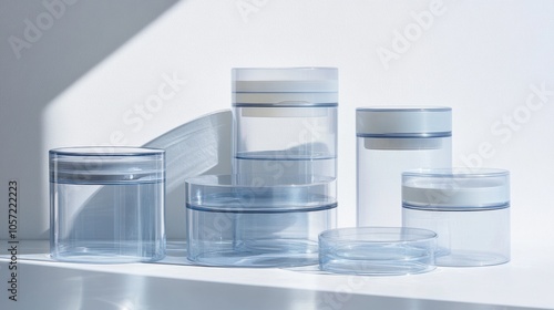 Clear cosmetic containers made from recycled plastic, elegant and modern