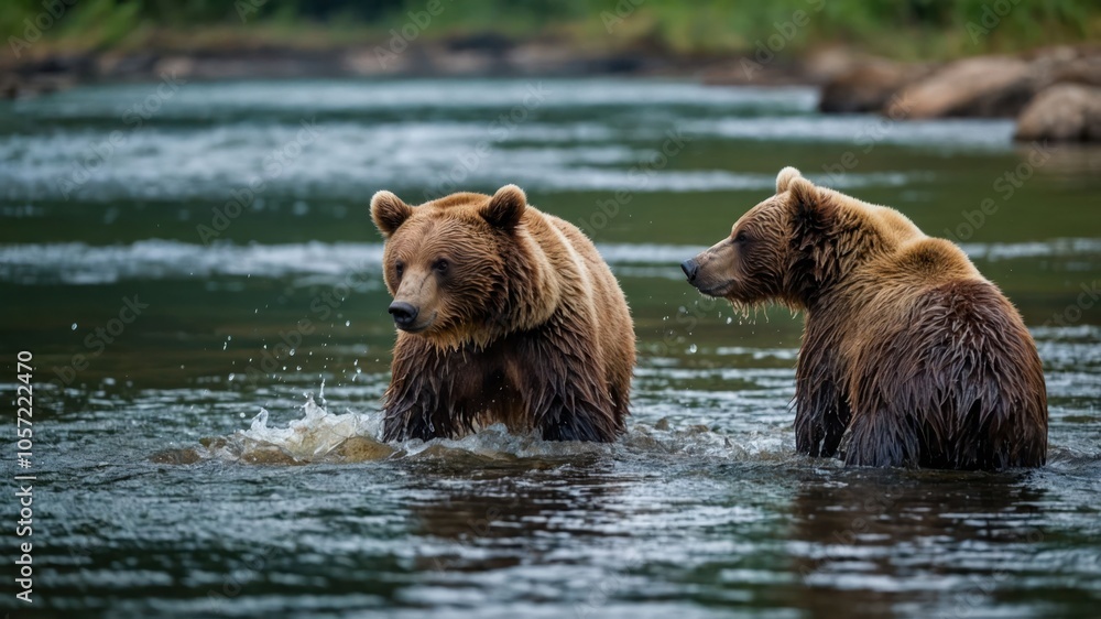 Two brown bears wading in a river, surrounded by lush greenery and water splashes. Two brown bears wading in a river, surrounded by lush greenery and water splashes.