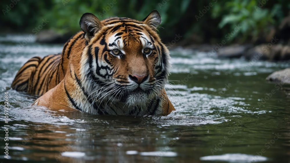 A tiger wading through water, showcasing its majestic presence in a natural habitat. A tiger wading through water, showcasing its majestic presence in a natural habitat.