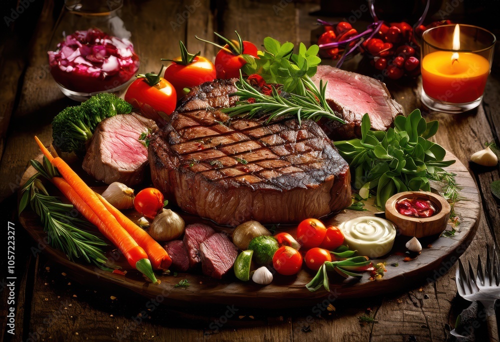 delectable meat plate bold seasoning display featuring juicy cuts aromatic spices fresh ingredients culinary artistry appetizing presentation, barbecue, butcher delectable meat plate bold seasoning display featuring juicy cuts aromatic spices fresh ingredients culinary artistry appetizing presentation, barbecue, butcher