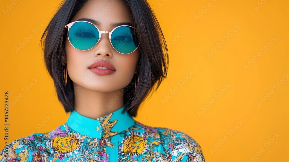 Stylish Woman with Blue Sunglasses and Floral Shirt on Yellow Background Stylish Woman with Blue Sunglasses and Floral Shirt on Yellow Background