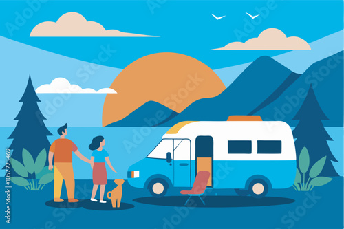 A serene image of a couple, their dog, and a campervan by a mountain lake at sunset. Pine trees, chair, and backpack add to the peaceful setting.