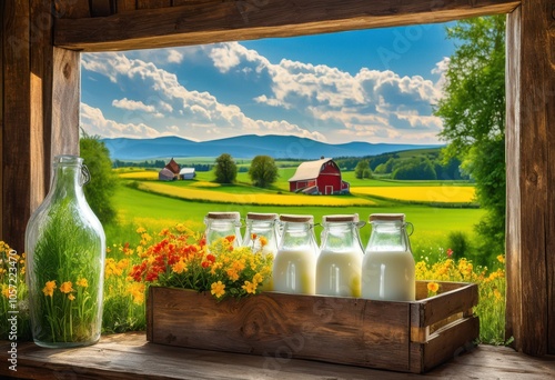 vibrant dairy farm scene featuring fresh milk bottles amidst rolling green fields barns under clear blue sky, countryside, cows, cream, dairyland, dusk, farming photo