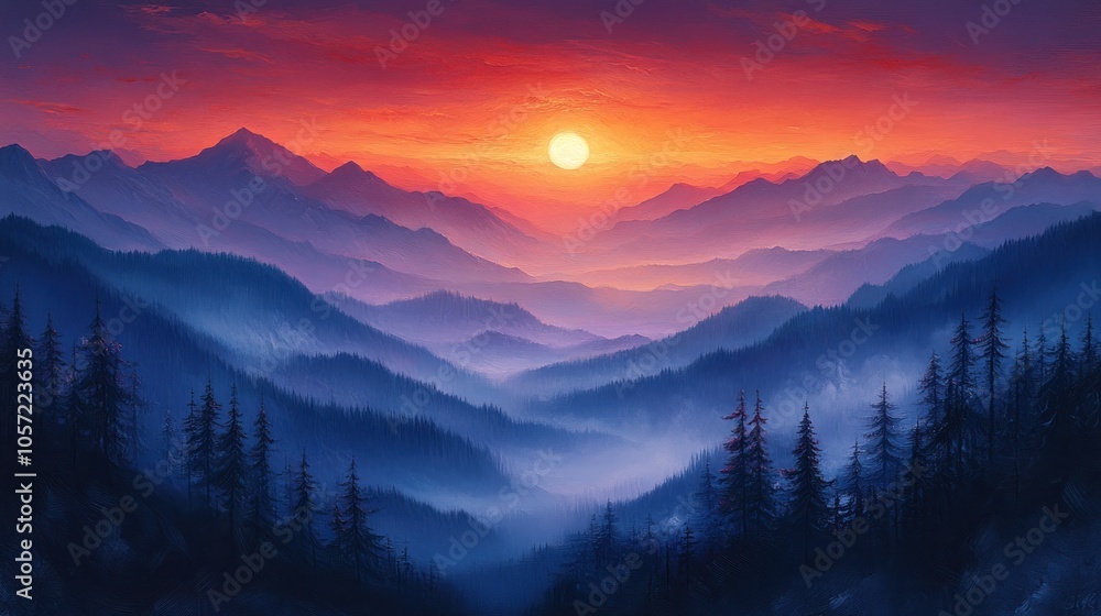 A vibrant sunset paints the sky above a misty mountain range, casting long shadows on the forested slopes. A vibrant sunset paints the sky above a misty mountain range, casting long shadows on the forested slopes.