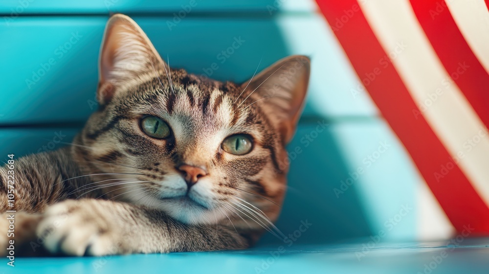 A striped tabby cat lounges casually against a soft blue wall, half-shadowed by a red-striped awning, expressing calm and curiosity typical of feline grace. A striped tabby cat lounges casually against a soft blue wall, half-shadowed by a red-striped awning, expressing calm and curiosity typical of feline grace.