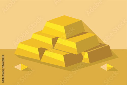 An image depicts a pyramid of gold bars with nine in total. The bars vary in shape and size, set against a sandy background, creating a luxurious and prosperous feel.