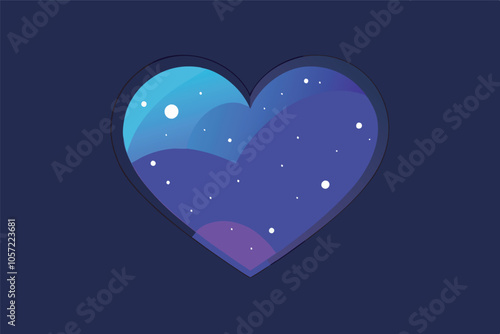 Heart-shaped landscape with purple and blue gradient, white stars, and deep purple background. Tranquil and romantic atmosphere,