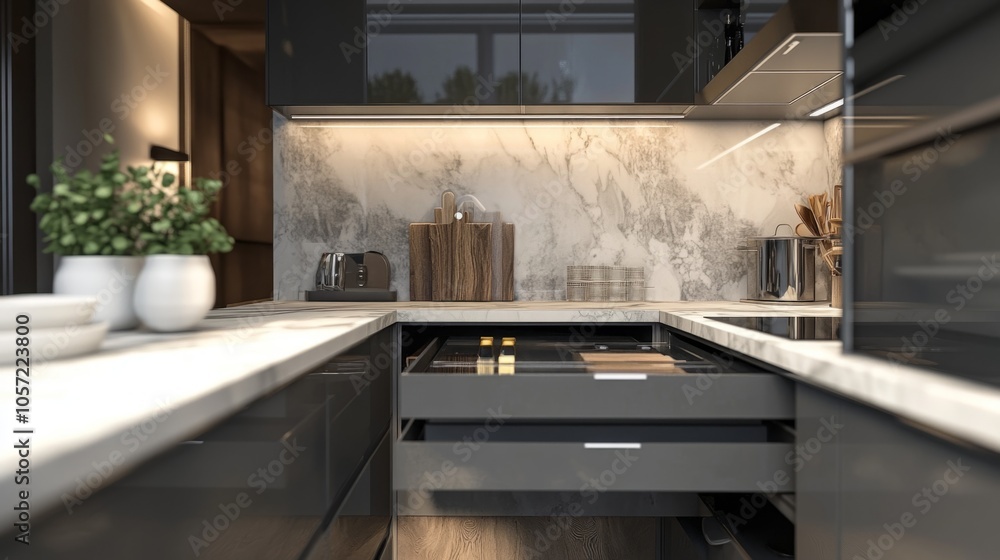 A kitchen with a marble countertop and a black cabinet with two drawers A kitchen with a marble countertop and a black cabinet with two drawers