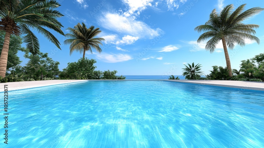 Tropical Pool with Ocean View and Palm Trees Tropical Pool with Ocean View and Palm Trees