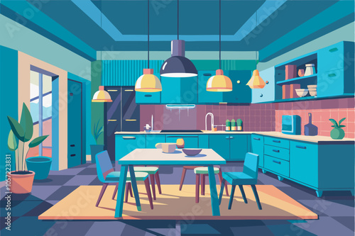 A kitchen in blue and green tones with a tidy dining area, fruit bowl, and decorative bottles. Appliances and plants add function and nature, with ample lighting for a vibrant ambiance.