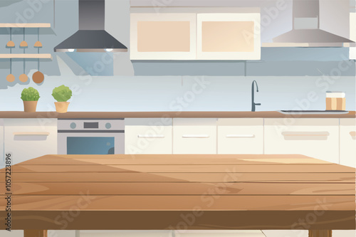 A bright, spacious kitchen with a light blue and white color scheme. Wooden table, range hood, plants, and knife racks. Well-organized for cooking. 