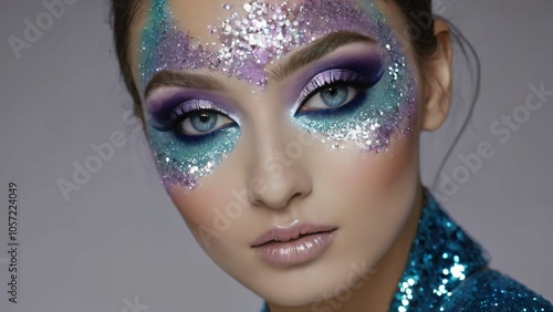 Artistic makeup look with vibrant colors and glitter photo