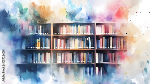 Watercolor Artistic using soft, brushy watercolor strokes, Soft Color, Single object picture - a tall wooden bookshelf with soft pastel-colored decorations